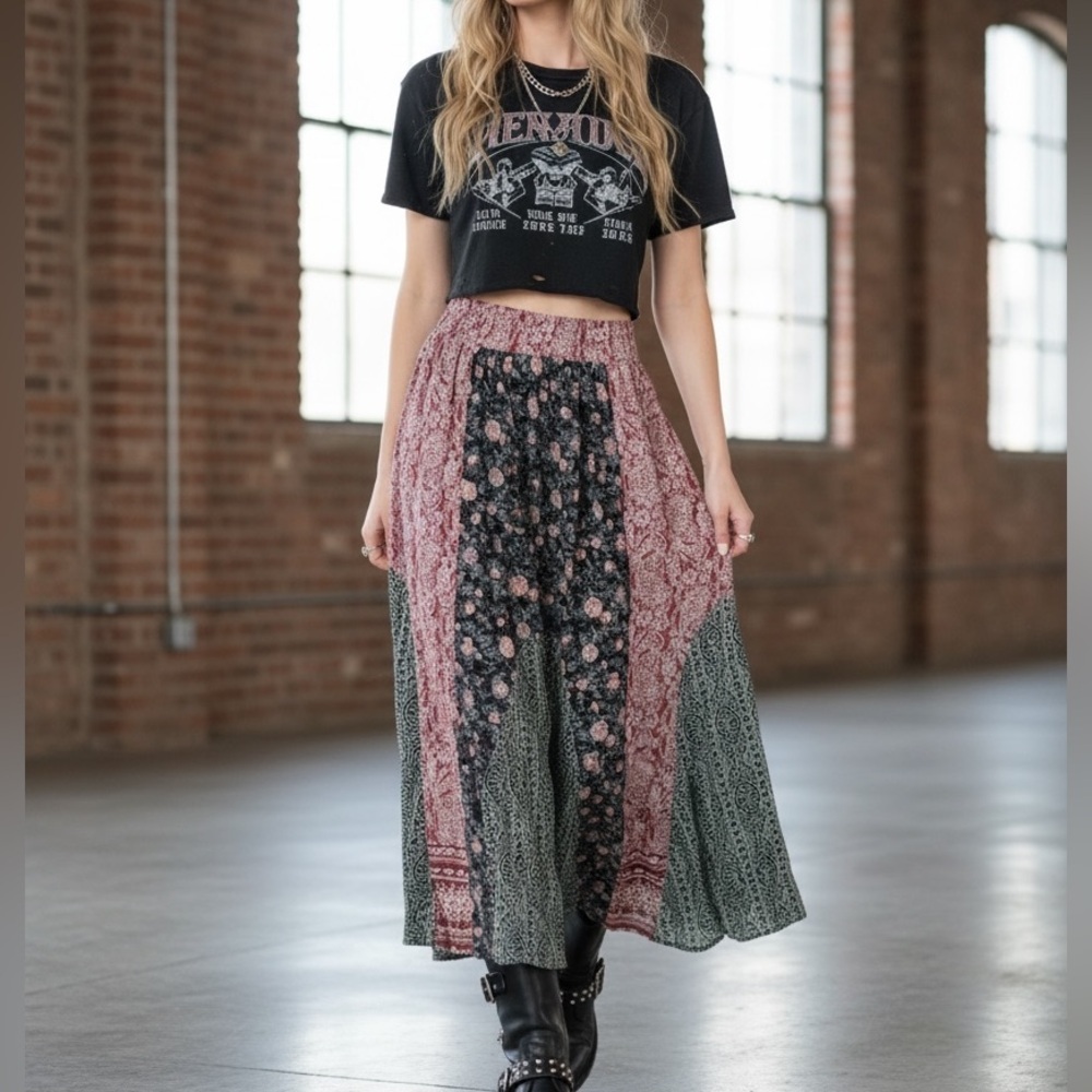 NWT Angie Boho Mixed Media Floral Print Maxi Skirt - Picture 3 of 9